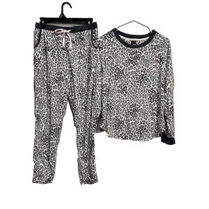 Kensie Pajamas Set Womens M Gray Pink Leopard Print Long Sleeve Top Lounge Comfy